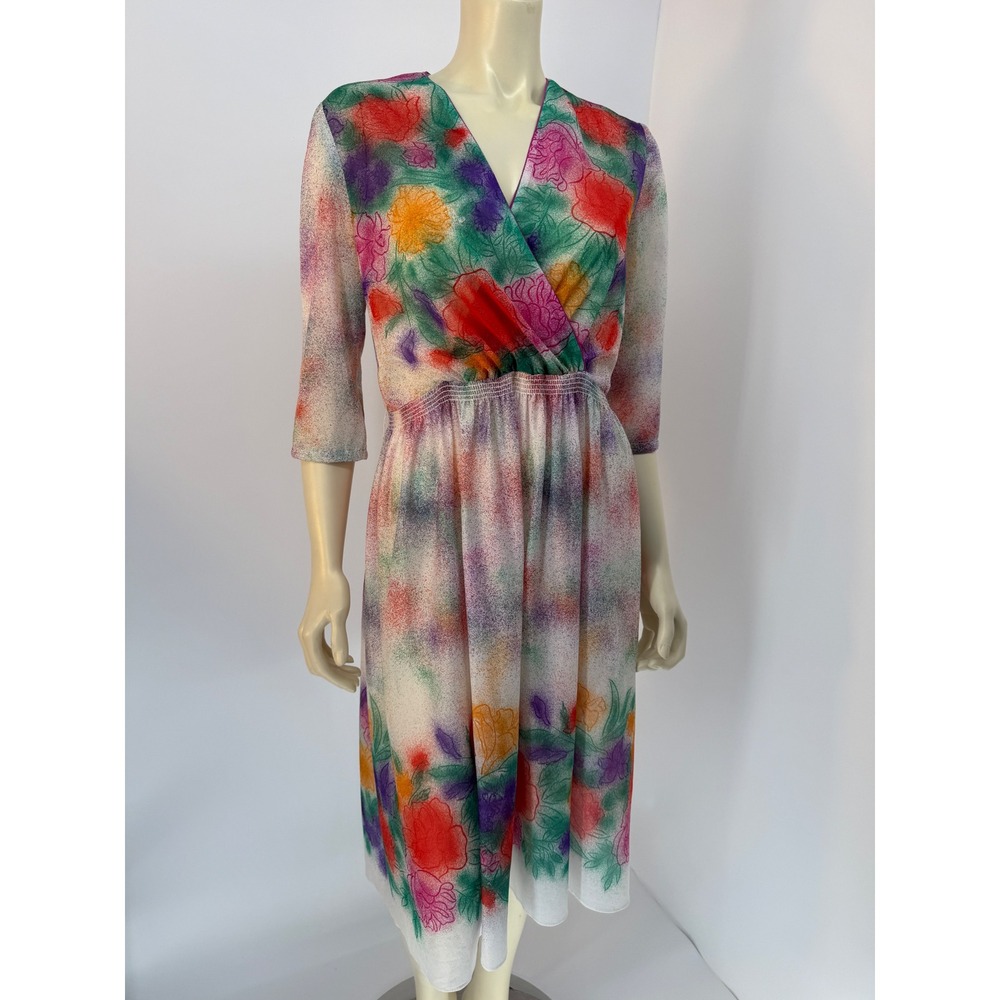 Vintage 70s Melissa II Sheer Chiffon Dress Colorful Elastic Waist Size 12
